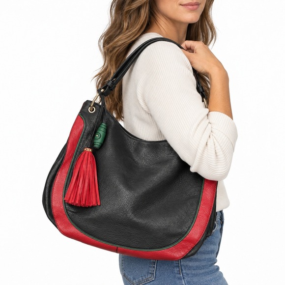Unbranded Handbags - Hobo Bag Women Large Black Red Green Stripe Tassel Vegan Leather